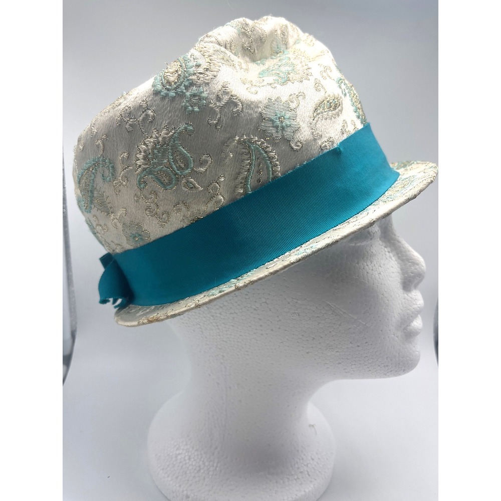 Vintage Cloche Bucket Hat‎ Cream Teal Paisley 40's pasadena USA